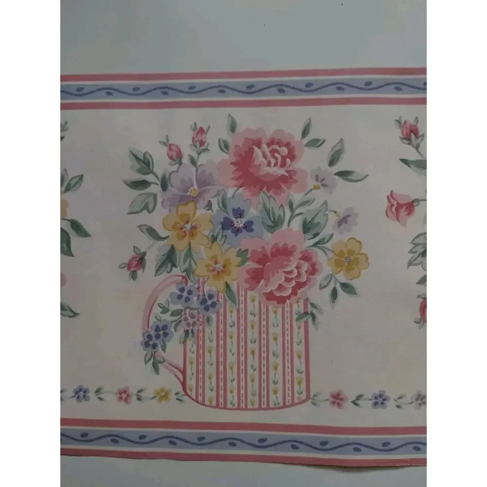 Pre-pasted Decorative Wall Border - Vases with Flowers - Pink Purple Yellow 5 yd